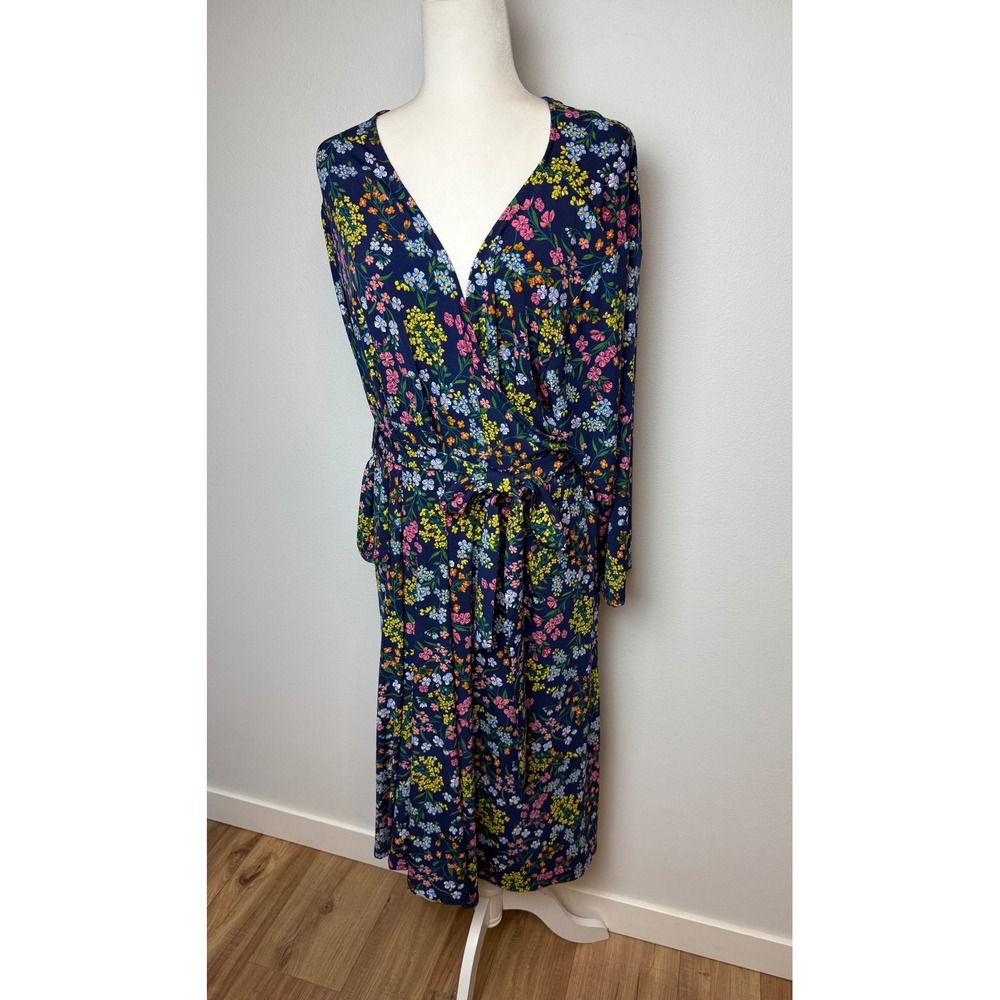 Leota Navy Blue Ditsy Floral Wrap Midi Dress Long Sleeve Tie Waist V-Neck Womens